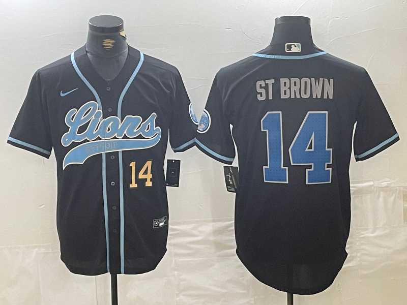 Mens Detroit Lions #14 Amon-Ra St. Brown Number Black Cool Base Stitched Baseball Jersey